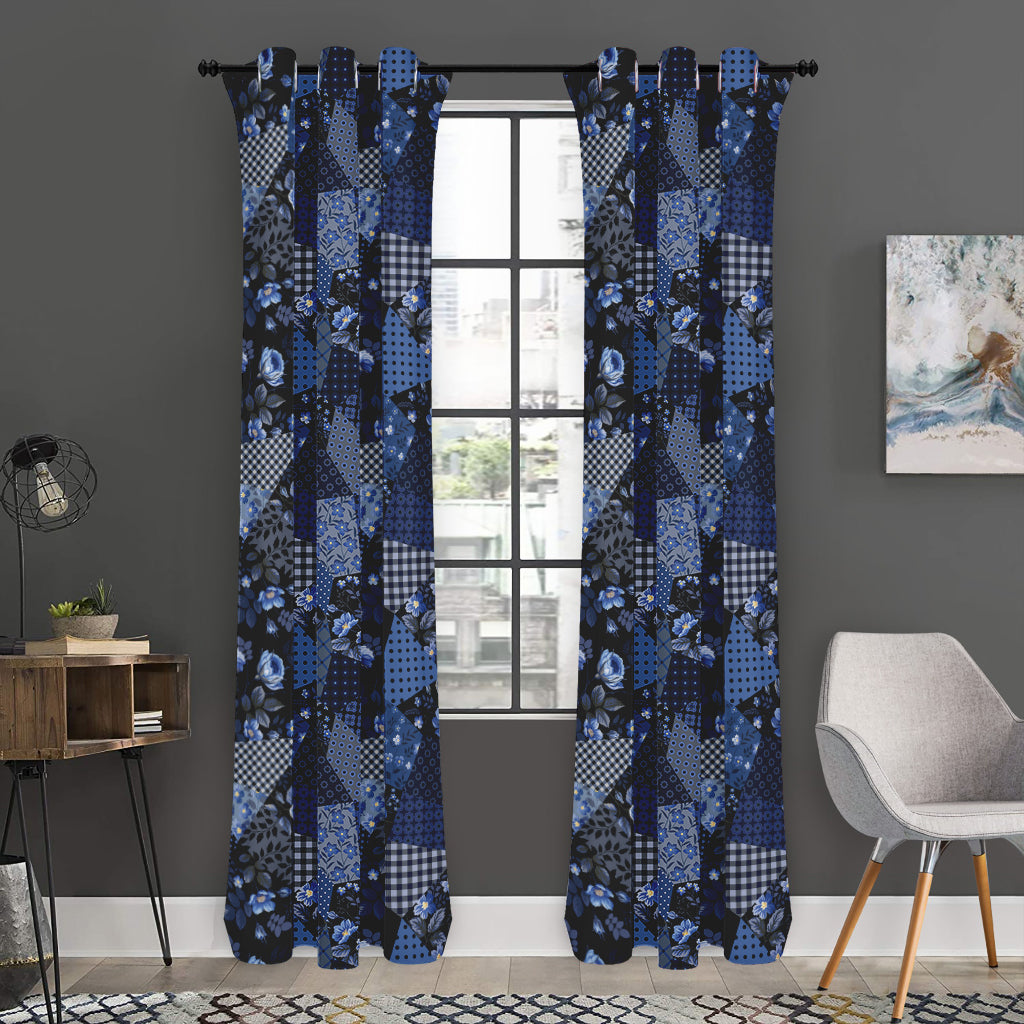 Blue Flower Patchwork Pattern Print Curtain