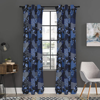Blue Flower Patchwork Pattern Print Curtain