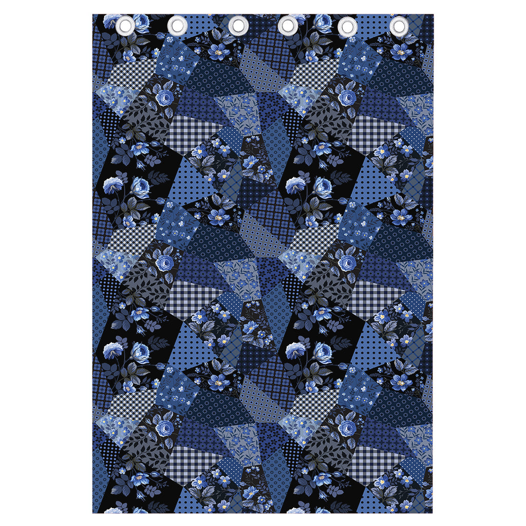 Blue Flower Patchwork Pattern Print Curtain