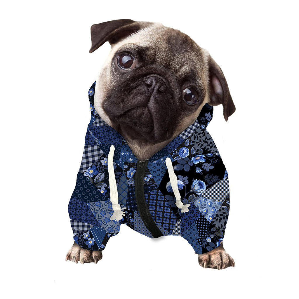 Blue Flower Patchwork Pattern Print Dog Zip Up Hoodie