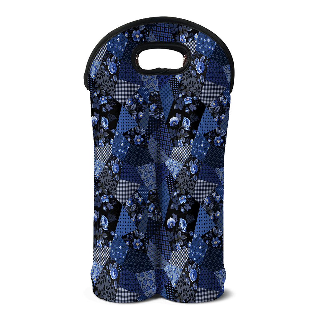 Blue Flower Patchwork Pattern Print Double Neoprene Wine Tote