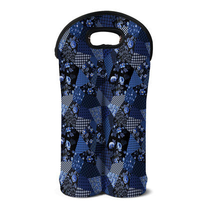 Blue Flower Patchwork Pattern Print Double Neoprene Wine Tote