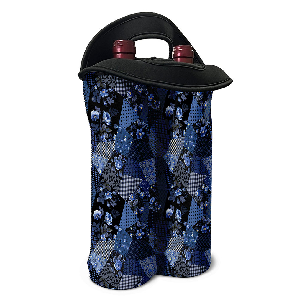 Blue Flower Patchwork Pattern Print Double Neoprene Wine Tote