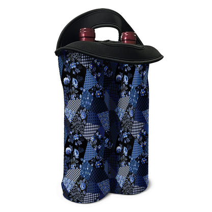 Blue Flower Patchwork Pattern Print Double Neoprene Wine Tote