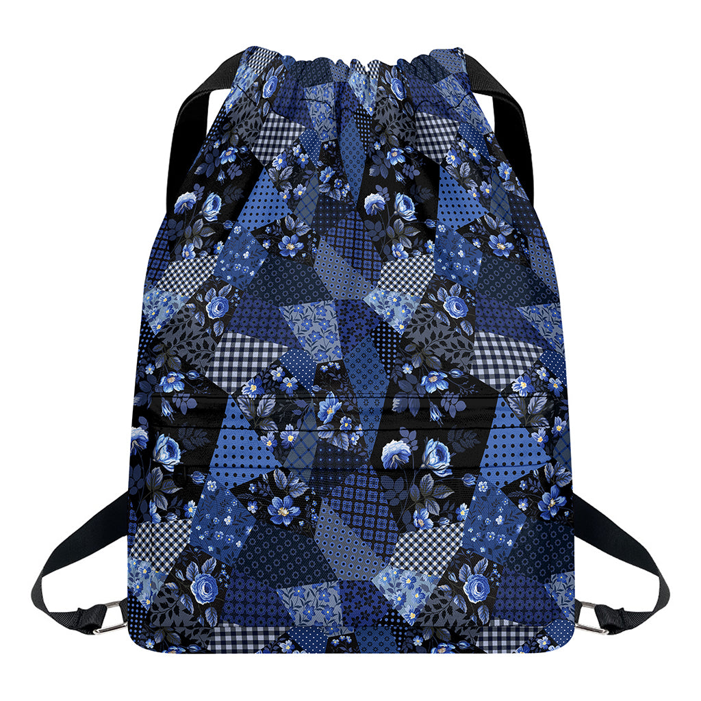 Blue Flower Patchwork Pattern Print Drawstring Backpack