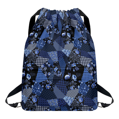 Blue Flower Patchwork Pattern Print Drawstring Backpack