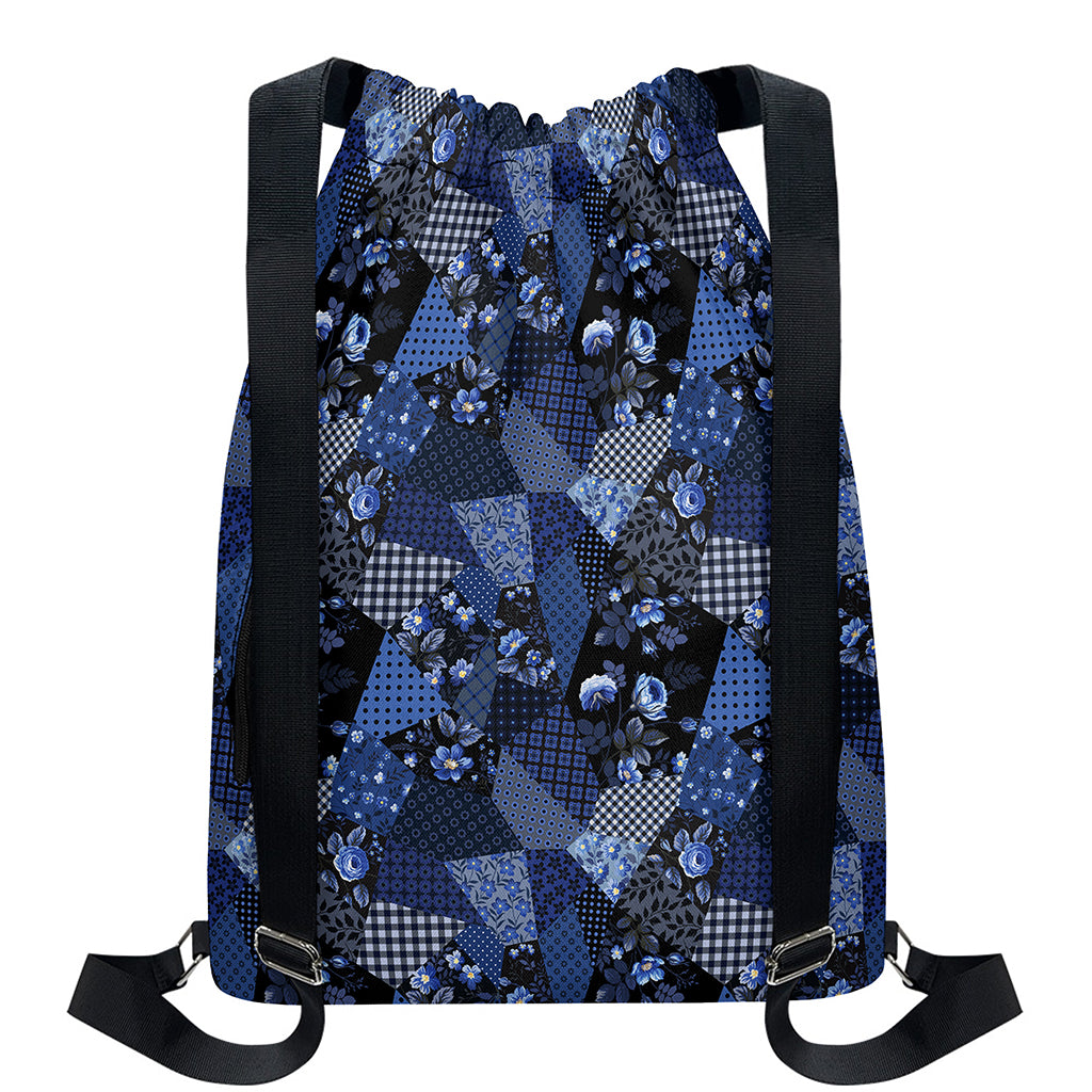 Blue Flower Patchwork Pattern Print Drawstring Backpack