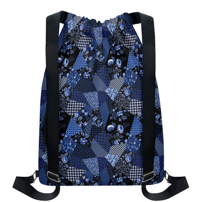 Blue Flower Patchwork Pattern Print Drawstring Backpack