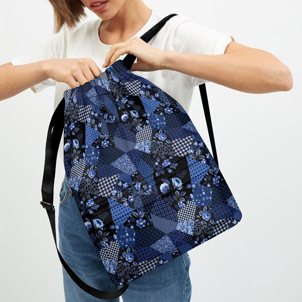 Blue Flower Patchwork Pattern Print Drawstring Backpack