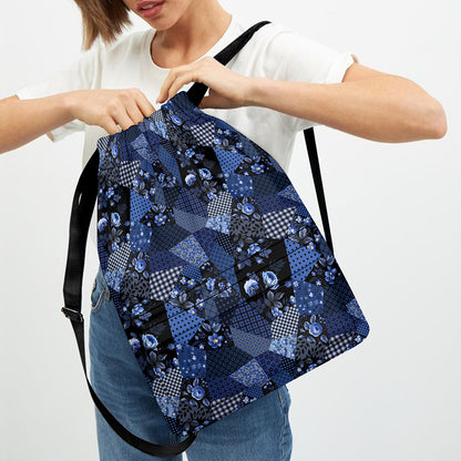 Blue Flower Patchwork Pattern Print Drawstring Backpack