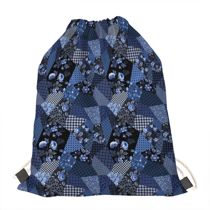 Blue Flower Patchwork Pattern Print Drawstring Bag