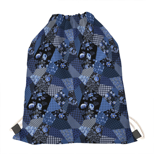 Blue Flower Patchwork Pattern Print Drawstring Bag