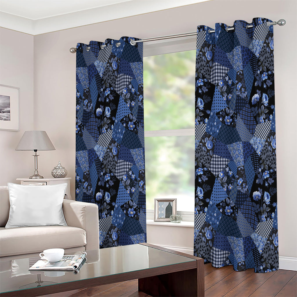 Blue Flower Patchwork Pattern Print Extra Wide Grommet Curtains