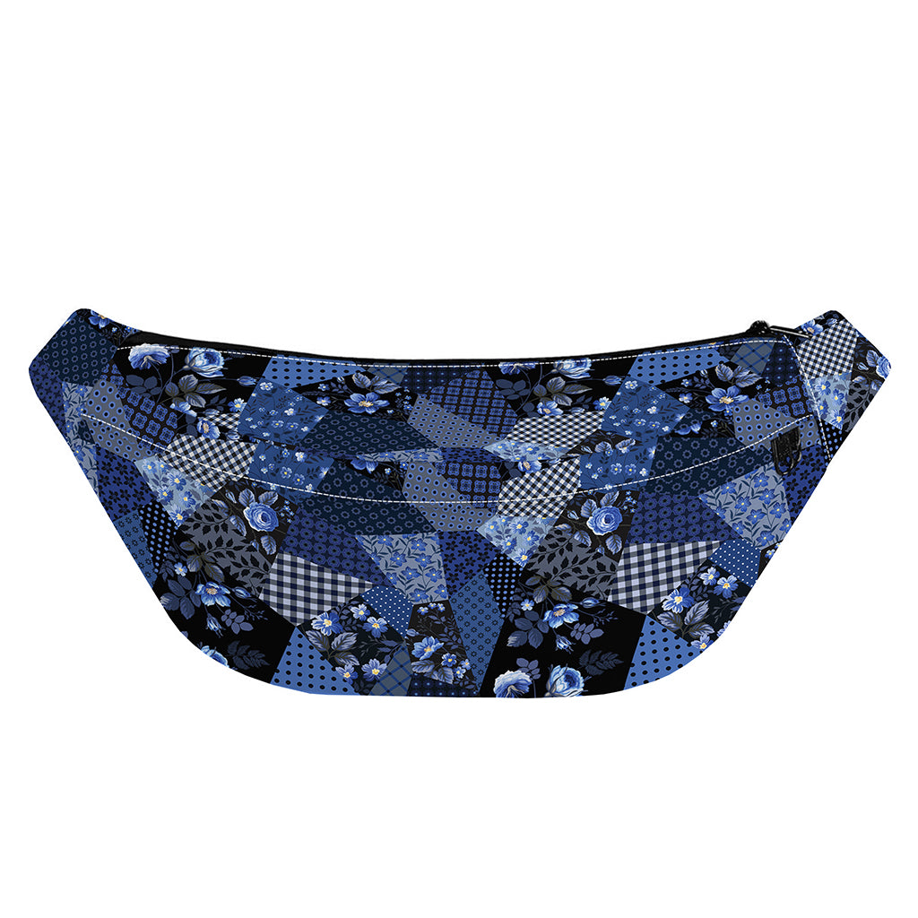 Blue Flower Patchwork Pattern Print Fanny Pack