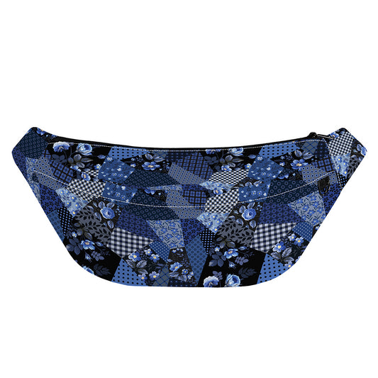 Blue Flower Patchwork Pattern Print Fanny Pack