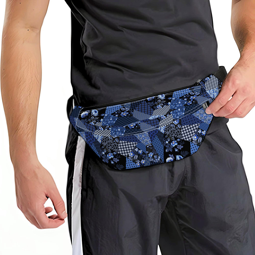 Blue Flower Patchwork Pattern Print Fanny Pack