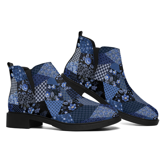 Blue Flower Patchwork Pattern Print Flat Ankle Boots