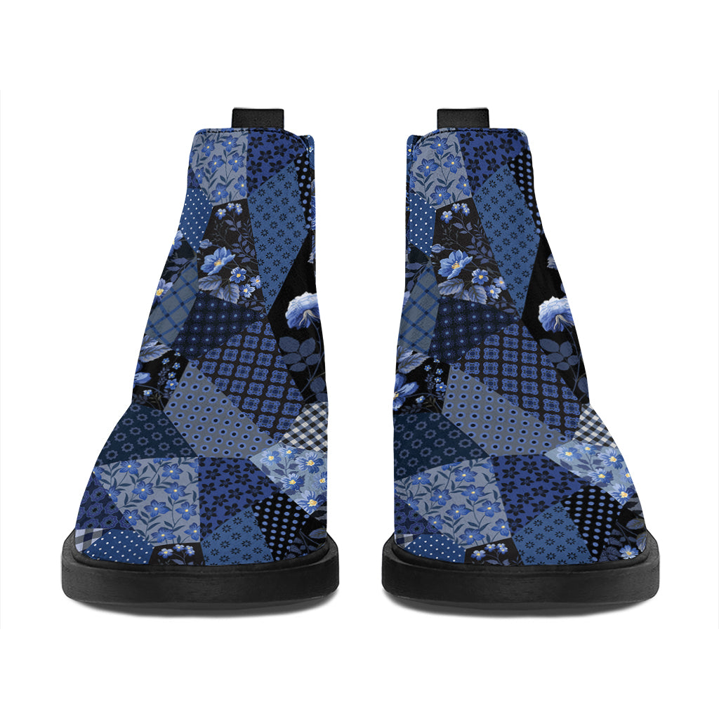 Blue Flower Patchwork Pattern Print Flat Ankle Boots