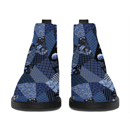 Blue Flower Patchwork Pattern Print Flat Ankle Boots