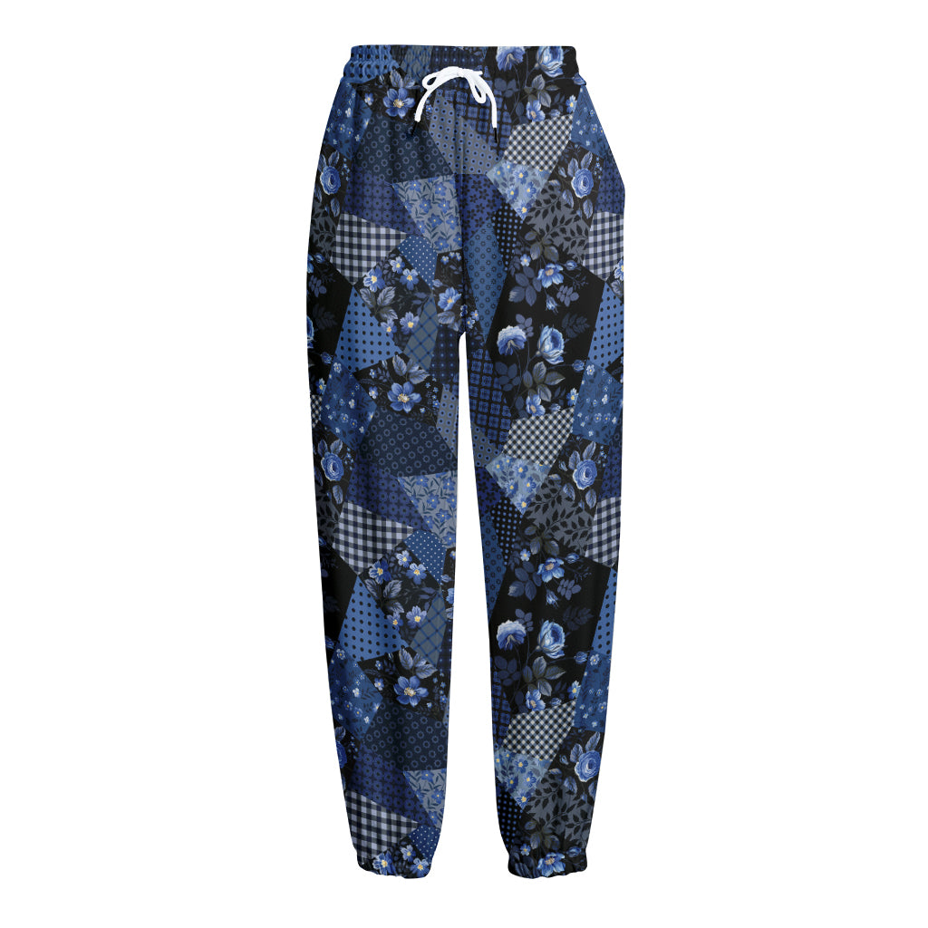 Blue Flower Patchwork Pattern Print Fleece Lined Knit Pants