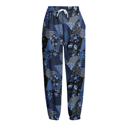 Blue Flower Patchwork Pattern Print Fleece Lined Knit Pants