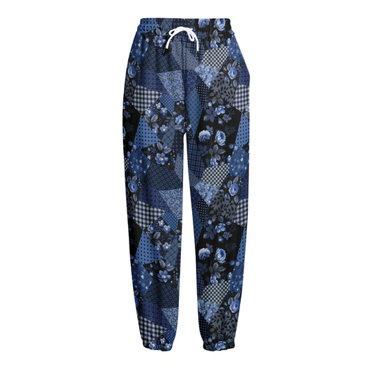 Blue Flower Patchwork Pattern Print Fleece Lined Knit Pants