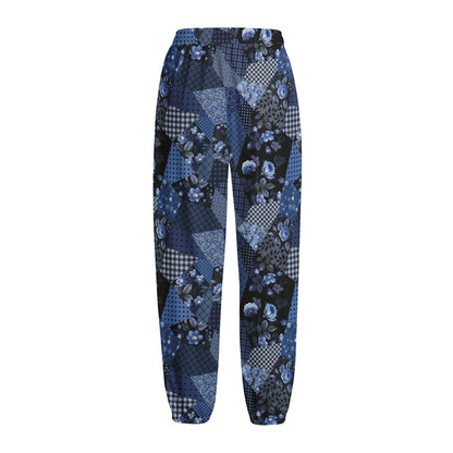 Blue Flower Patchwork Pattern Print Fleece Lined Knit Pants