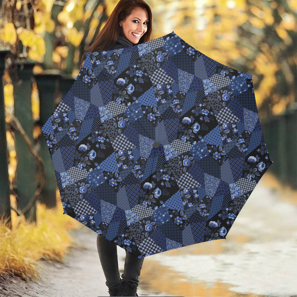 Blue Flower Patchwork Pattern Print Foldable Umbrella