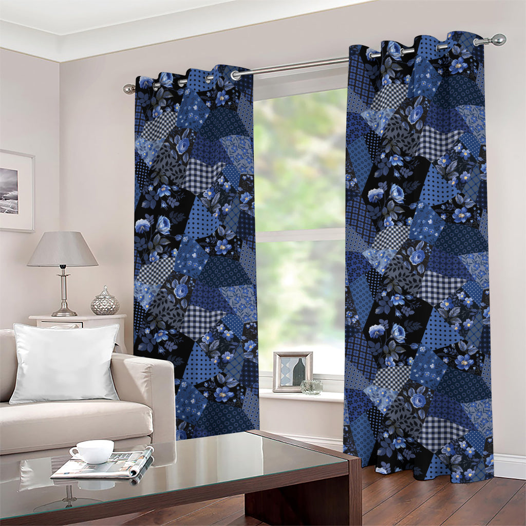 Blue Flower Patchwork Pattern Print Grommet Curtains