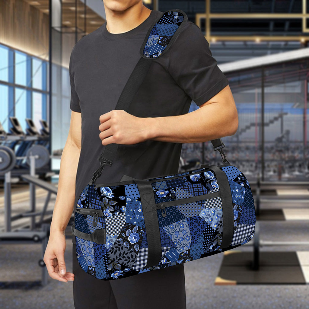 Blue Flower Patchwork Pattern Print Gym Bag