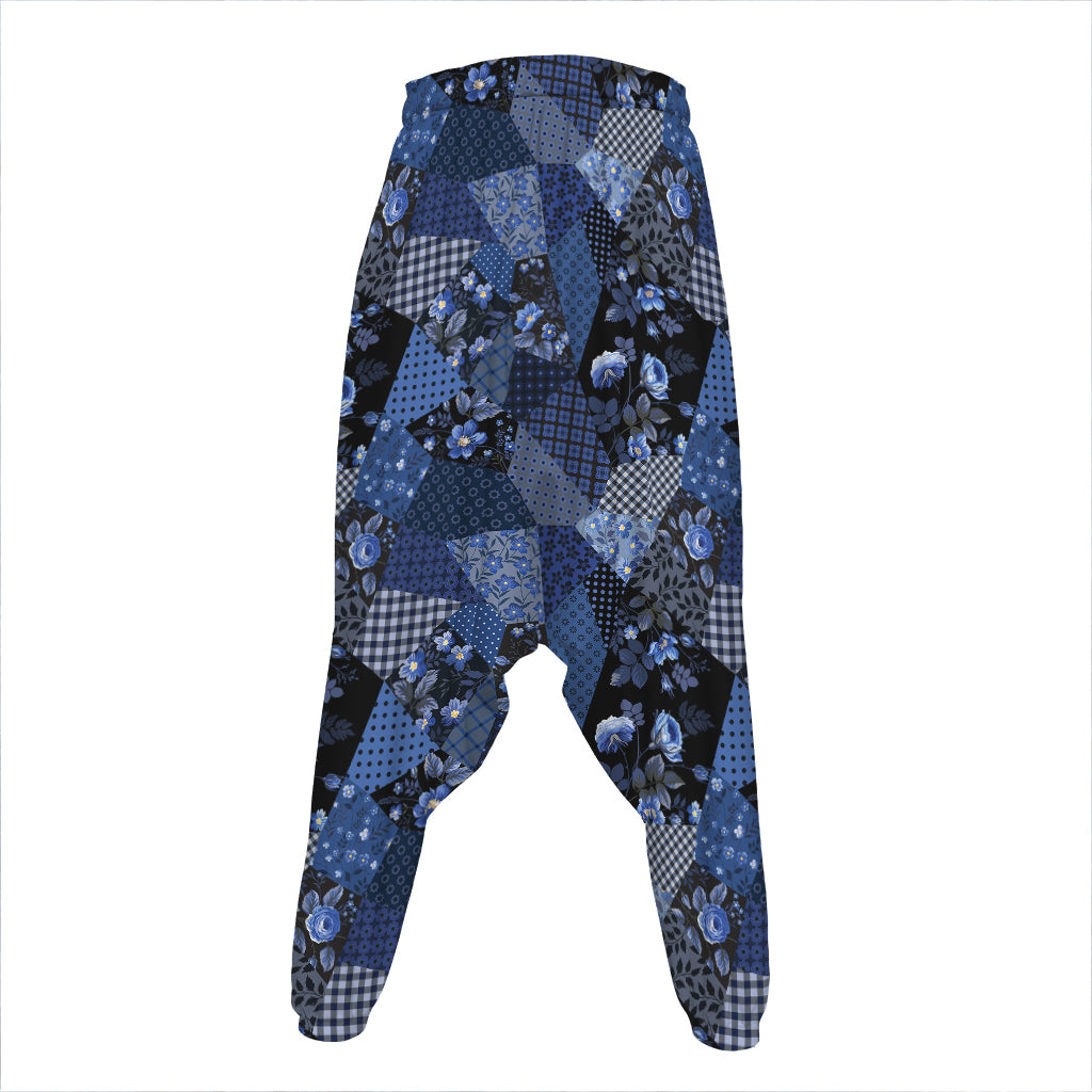 Blue Flower Patchwork Pattern Print Hammer Pants
