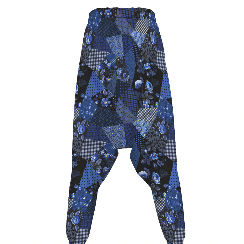 Blue Flower Patchwork Pattern Print Hammer Pants