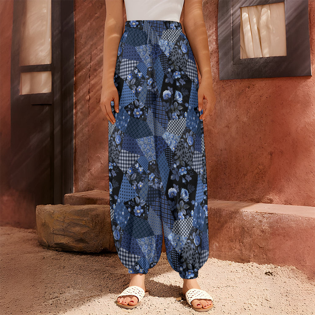 Blue Flower Patchwork Pattern Print Harem Pants