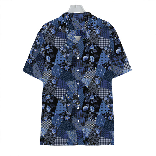 Blue Flower Patchwork Pattern Print Hawaiian Shirt