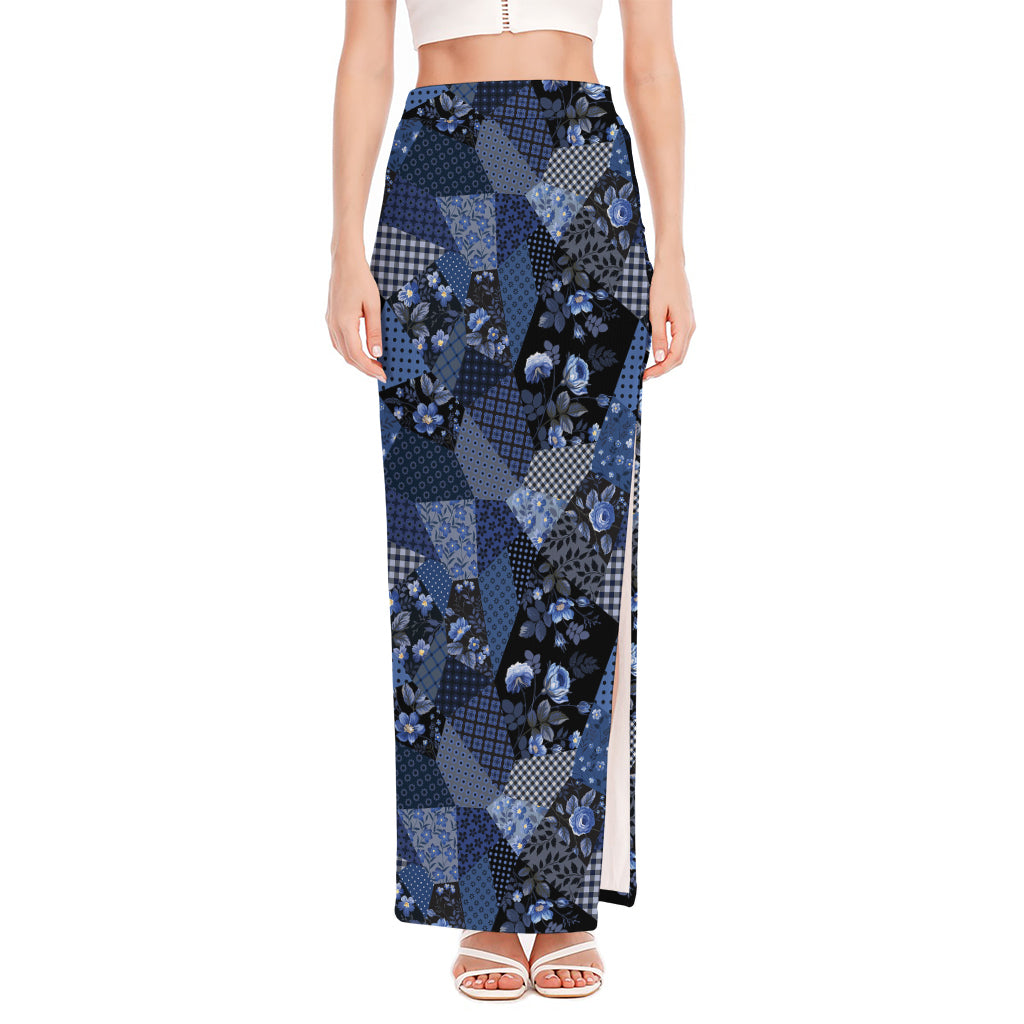 Blue Flower Patchwork Pattern Print High Slit Maxi Skirt