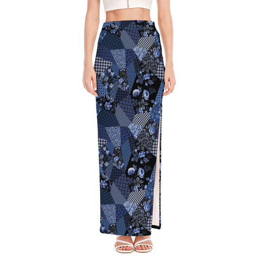 Blue Flower Patchwork Pattern Print High Slit Maxi Skirt