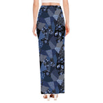 Blue Flower Patchwork Pattern Print High Slit Maxi Skirt