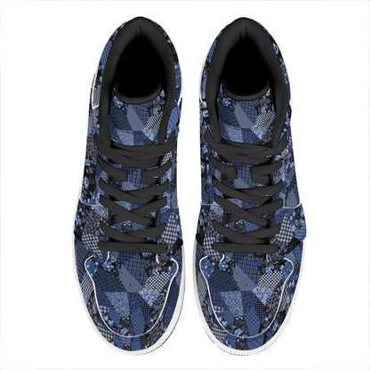 Blue Flower Patchwork Pattern Print High Top Leather Sneakers