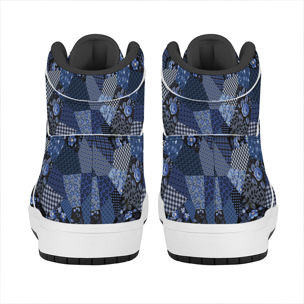 Blue Flower Patchwork Pattern Print High Top Leather Sneakers