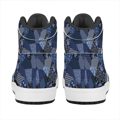 Blue Flower Patchwork Pattern Print High Top Leather Sneakers