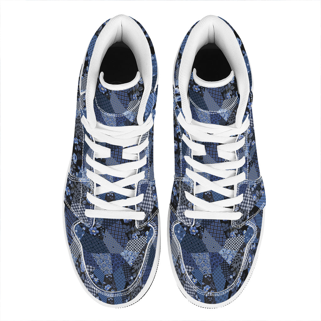 Blue Flower Patchwork Pattern Print High Top Leather Sneakers