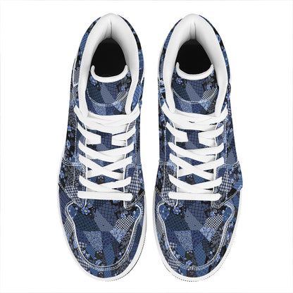 Blue Flower Patchwork Pattern Print High Top Leather Sneakers