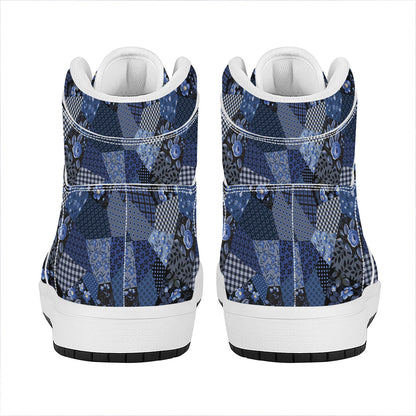 Blue Flower Patchwork Pattern Print High Top Leather Sneakers