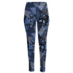 Blue Flower Patchwork Pattern Print High-Waisted Pocket Leggings