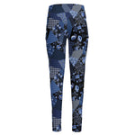 Blue Flower Patchwork Pattern Print High-Waisted Pocket Leggings