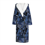 Blue Flower Patchwork Pattern Print Hooded Bathrobe