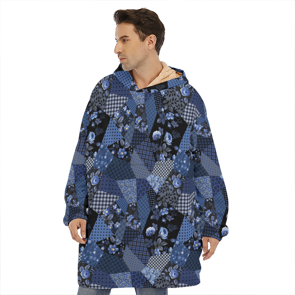 Blue Flower Patchwork Pattern Print Hoodie Blanket