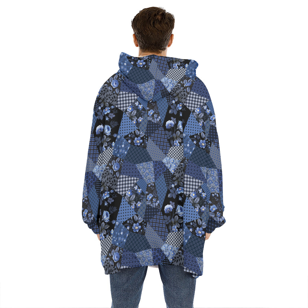 Blue Flower Patchwork Pattern Print Hoodie Blanket