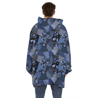 Blue Flower Patchwork Pattern Print Hoodie Blanket