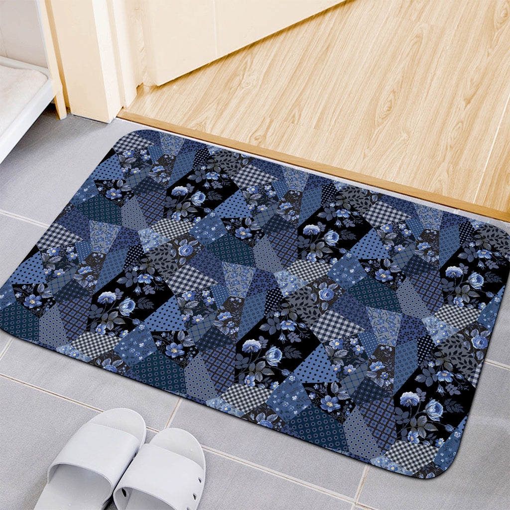 Blue Flower Patchwork Pattern Print Indoor Door Mat